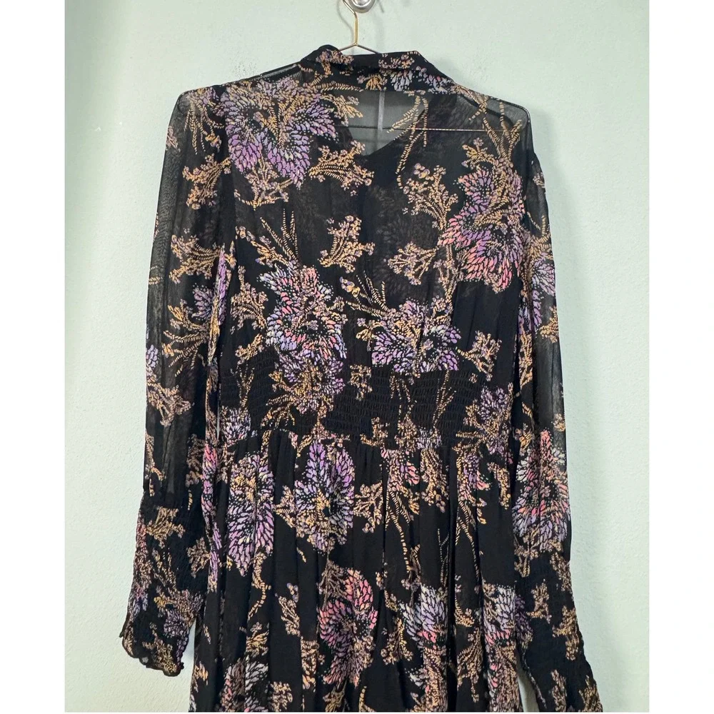 Free People Fake Pretend Black Floral Print Long Sleeve Mini Dress Smocked Waist